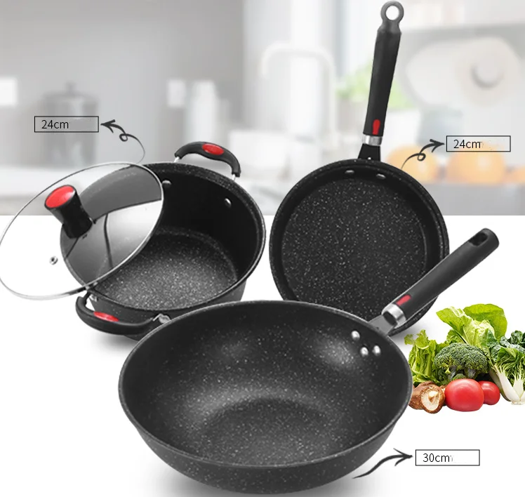 

Household Non Stick Pan Set Wok Frying Pan Soup Pot Three Piece Set Of Wheat And Rice Stone Suitable For Gas Stove