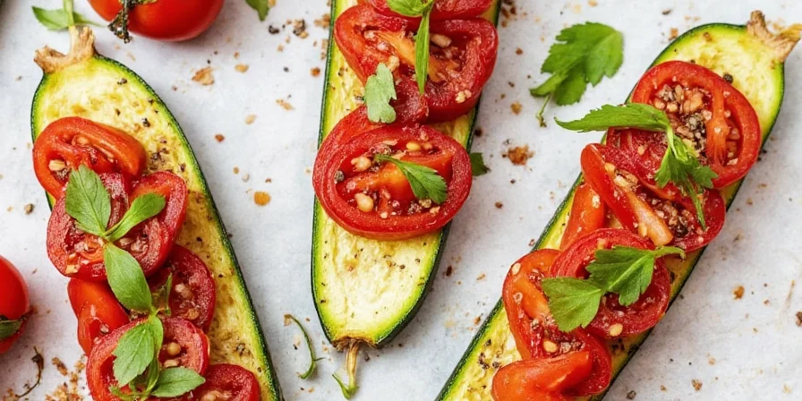 Zucchini bruschetta spiced with ras el hanout and garnished with mint