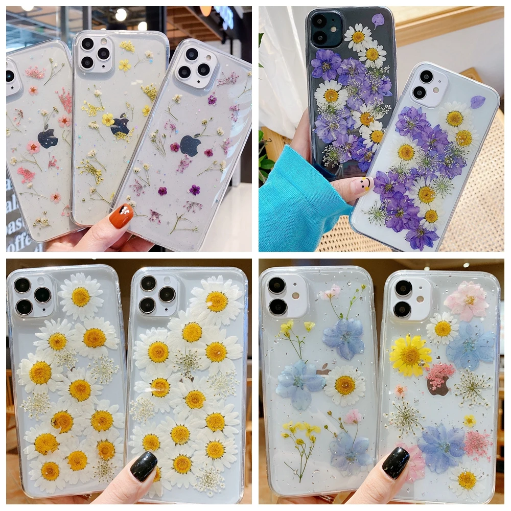 

Real Dry Flower for iPhone Case for Girls 11 7 8 6s Plus Pressed Floral Xs Xr Phone Casing Glue Clear Fashion Mobile Cover Women