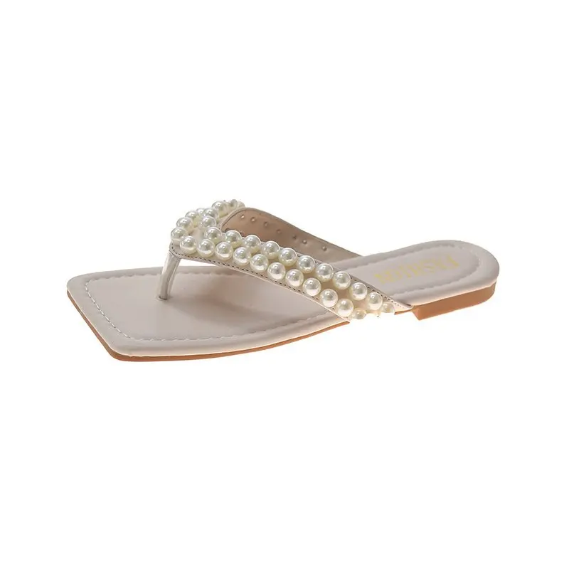 

2021 summer pearl decorative flat bottom flip-flop sandals comfortable and anti-slip square head women's slippers