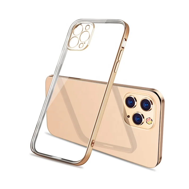 

wholesale For iPhone12 Promax luxury electroplating square frame transparent cover TPU protective cover phone case, Multicolor