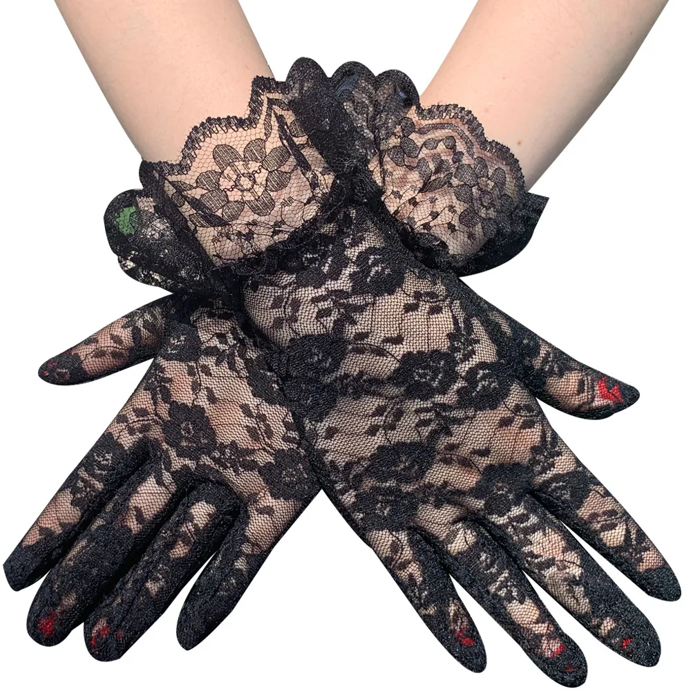 

MIO Women Lace Gloves Sexy Short Black Lace Floral Jacquard Gloves Vintage Elegant Full Finger Gloves For Wedding Party Dinner