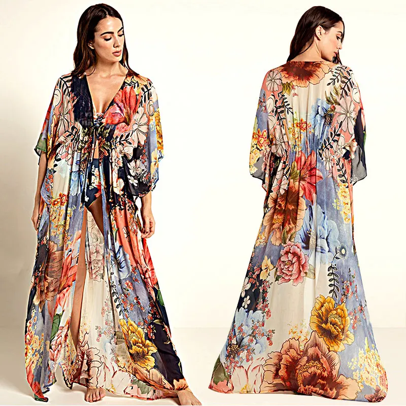 

2020 Stunning Floral Print Deep V Neck Kimono Cardigan Chiffon Casual Dress Beach Cover Up, Same as photo