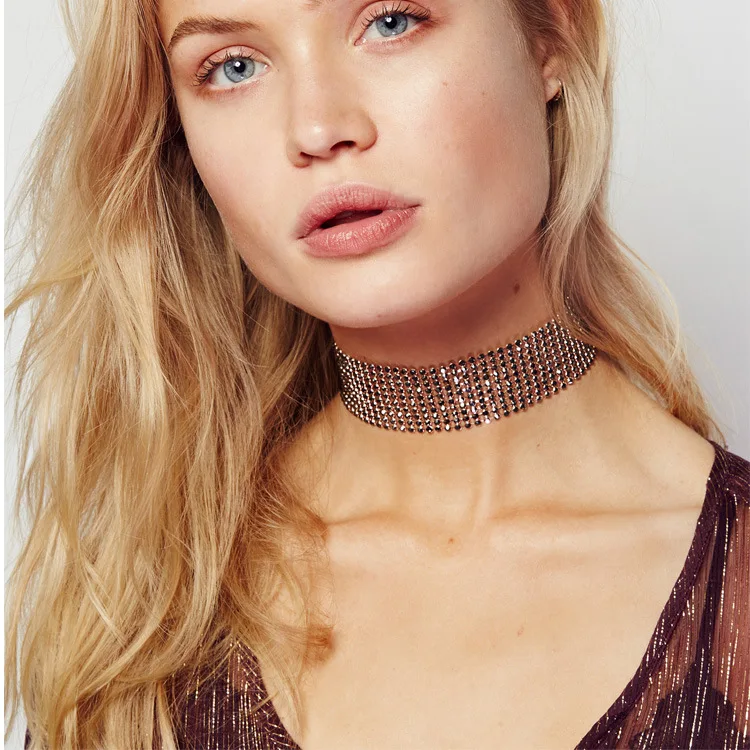 

European and American Popular Fashion Personality Necklace Trendy Girl's Full Diamond Choker, 3 colors
