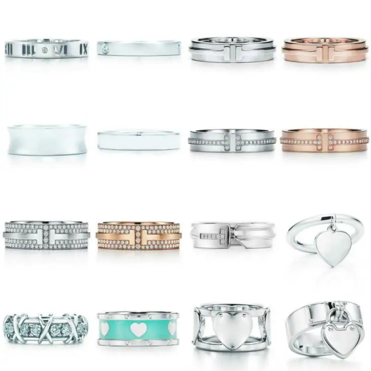 

2021 100% 925 Sterling Silver Blue Heart Classic Letter Logo Zircon TIF Ring Color Rose Gold Women Original Fashion Jewelry Gift