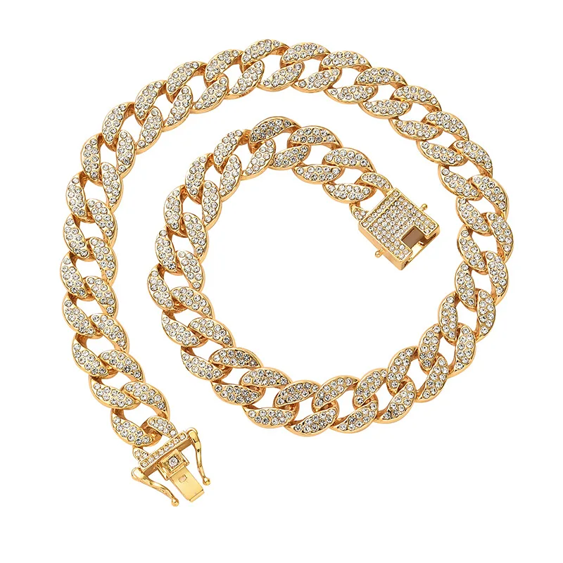 

European US Men Widened 15mm Cuban Chain Link Necklace Real Gold Plated Hips Hops Full Diamond Square Miami Chain Necklace