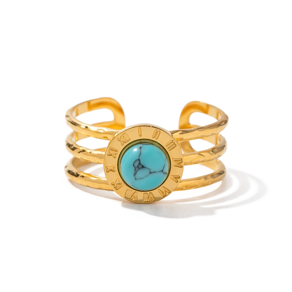 

18K Gold Plated Stone Finger Ring Three Layer Roman Stainless Steel Natural Turquoise Stone Open Ring for Women