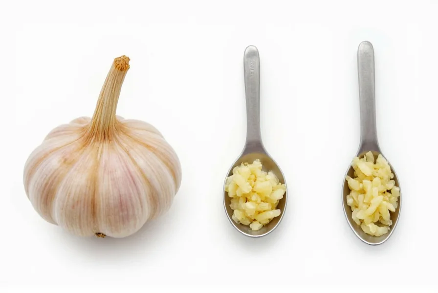 Close-up comparison of whole garlic cloves next to measured teaspoons of minced garlic showing size variations