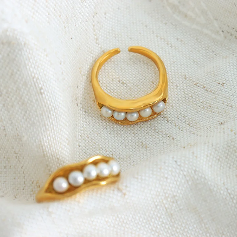 Ins Trendy Pea Pods Design Anti-tarnish 18k Gold Plated Stainless Steel Ring White Pearl Jewelry Rings accesorios mujer