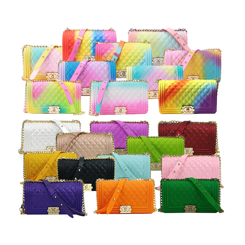 

Wholesale 2020 women hand bags silicone PVC shoulder handbags rainbow jelly candy purse