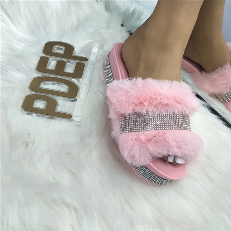 

PDEP women summer home fur slippers rhinestone cheap women slides jelly Diamond bling platform outdoors ladies sandals, Black,white,pink