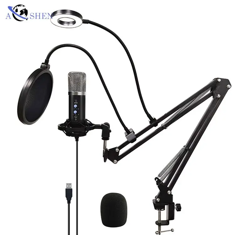 

Wholesale professional studio usb condenser microphone with ring light and stand for live broadcast recording