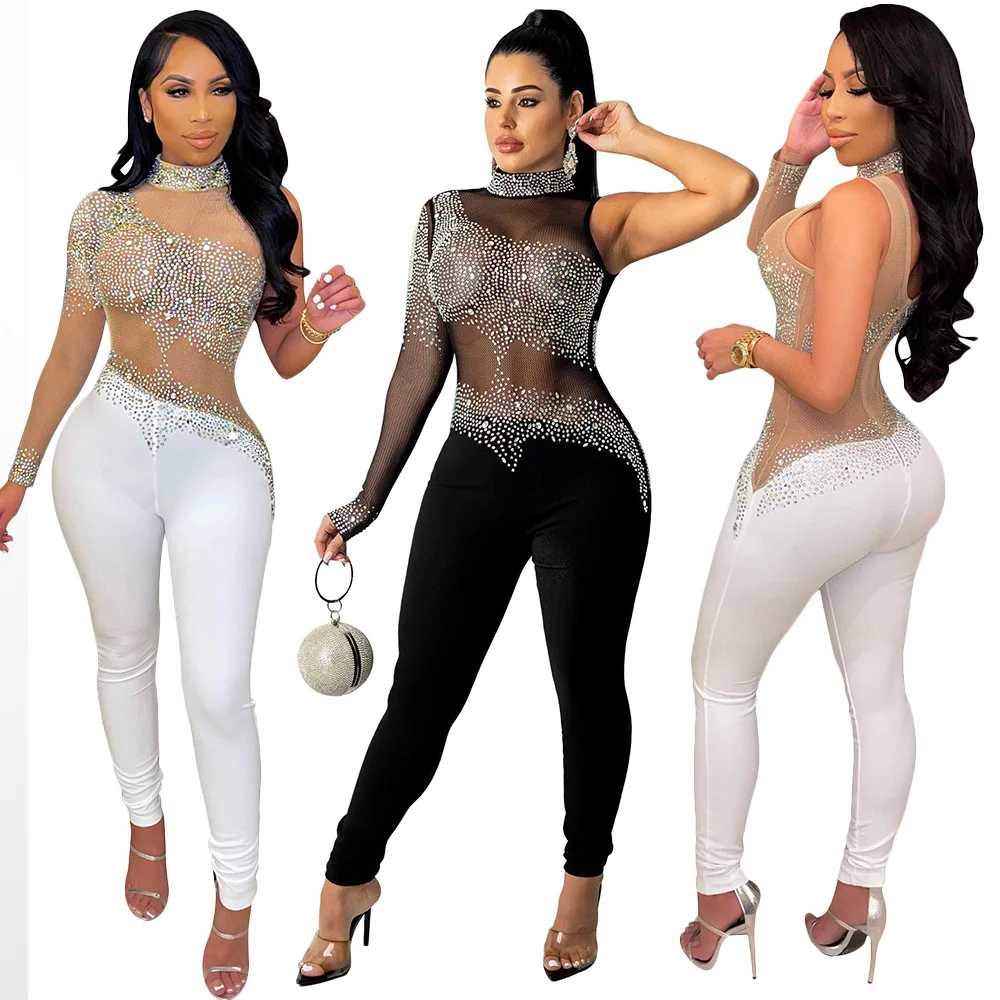 

Sexy mesh see-through One-sleeve diamonds top trousers long-sleeved jumpsuits sequin jumpsuit, 2 colors