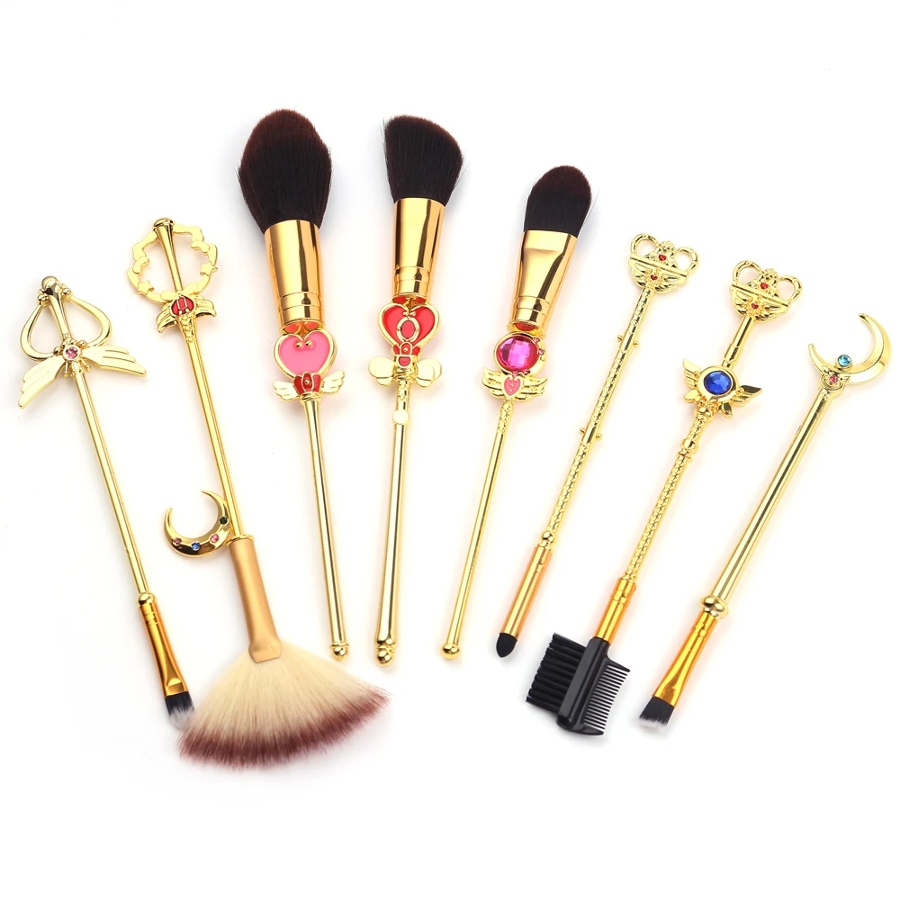 

2021 Make Up Brochasch De Maquillaj 8 Pieces Metallic Cartoon Anime Sailor Moon Gold Ladies Cute Makeup Brushes Set With Bag