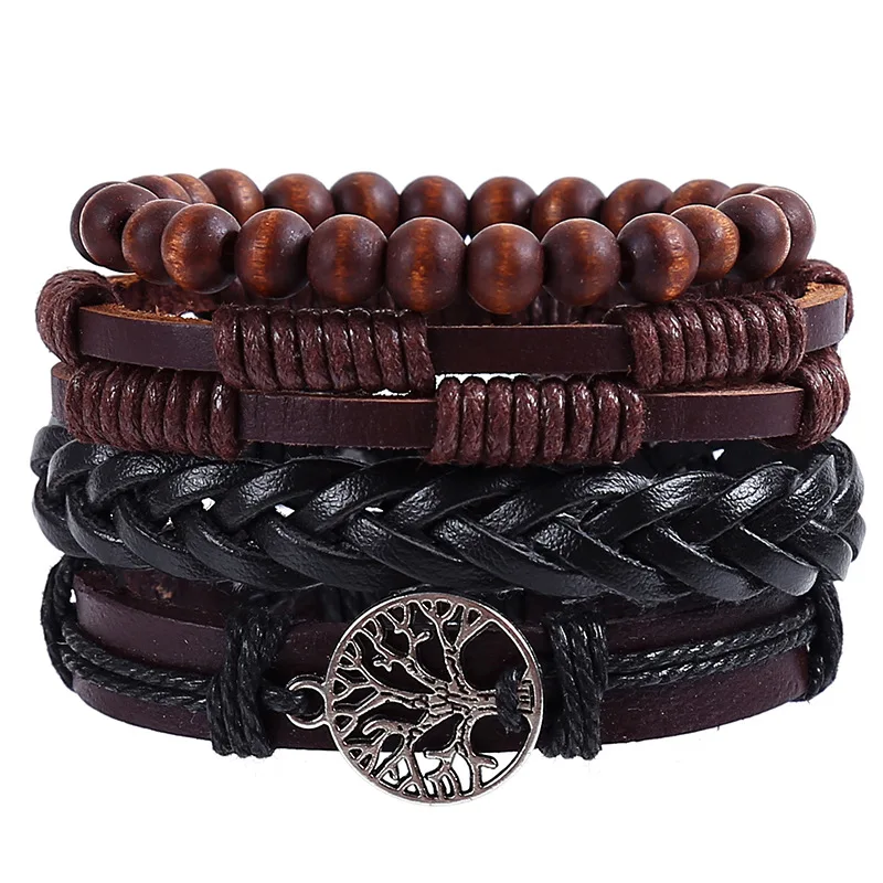 

Wholesale Custom Mens Wooden Beads Braided Leather Bracelet Multilayer Tree of Life Leather Wrap Bracelet, As picture