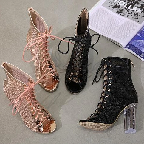 

Beautiful crystal hollow peep toe strap mesh high square heel sandals for women and ladies