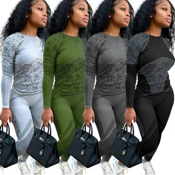 

B14869A Europe woman clothing set fashion two pieces casual pants set, Black/gray/khaki