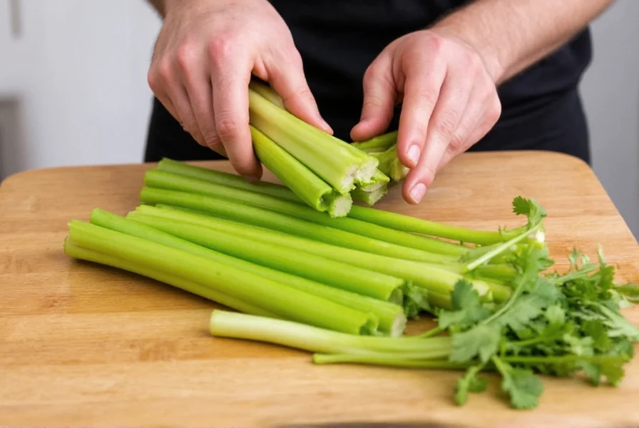 Chef preparing fresh celery stalks as a substitute for celery seed in a cooking demonstration