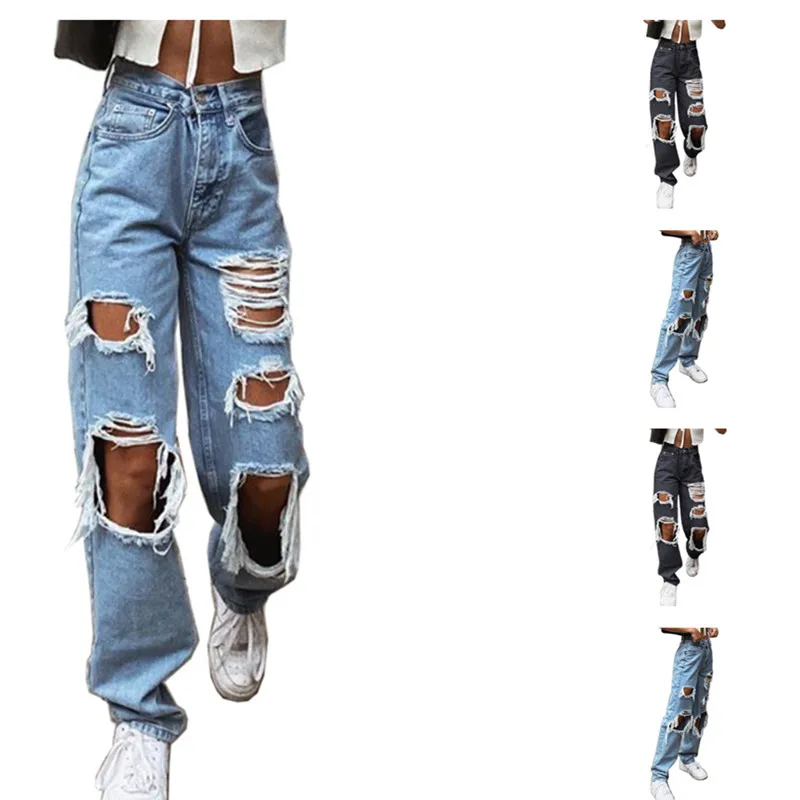 

Factory Direct Sale Loose Ripped Washed Women's Jeans Ripped Jeans High Waist Jeans, 2 color