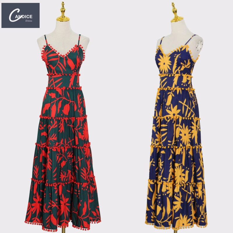 

Candice fashion unique design beach sling floral print cascading linen long dress elegant bohemian maxi dress