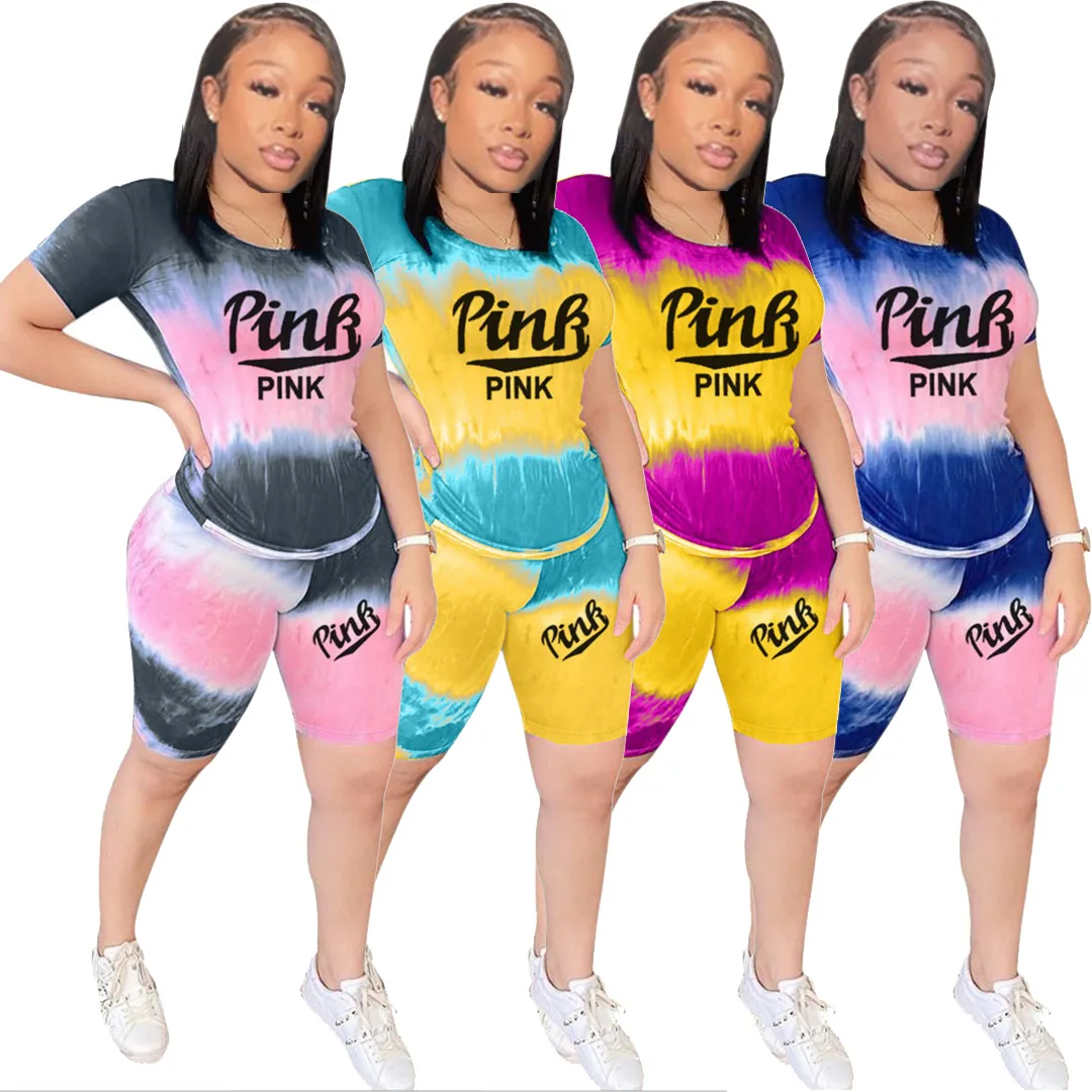 

YS-2116 Short pants two piece women fashion tie dye pink two piece short set, As picture shows or customized color