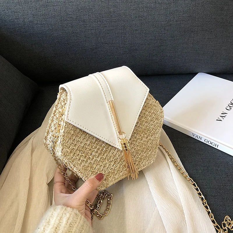 

Summer Vacation Straw Woven Bag Shoulder Messenger Women Hand Bags Fashion Designer Hand Bags PU Woven Casual Tote, 4 colors