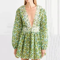 

2019 Runway ladies high quality sexy V neck collar long sleeve dress women casual clothes fancy printed green floral dress