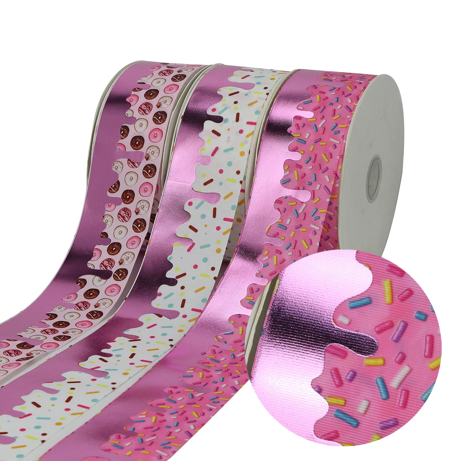 

Midi Ribbons 3 Inch Stock Custom Ice-Cream Pink Foil Print Grosgrain Ribbon, Request