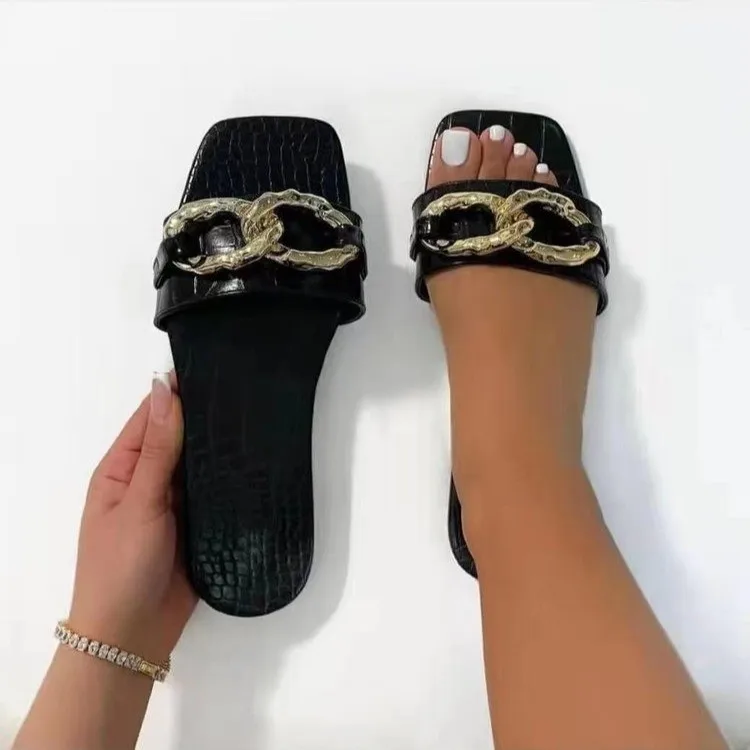 

Summer 2021 new one - word chain flat - bottom slippers women's European and American big break slip women's sandals, Picture