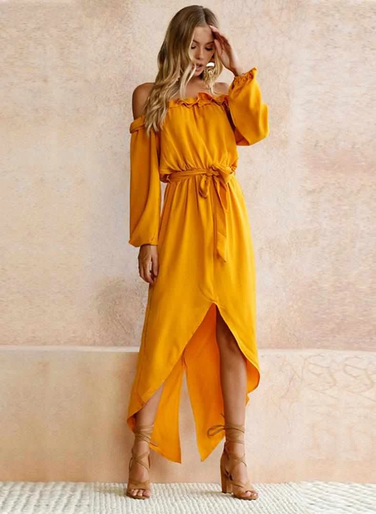 

Women Clothes Slash Neck Back Slit Off the Shoulder Long Sleeve Irregular Maxi Dress