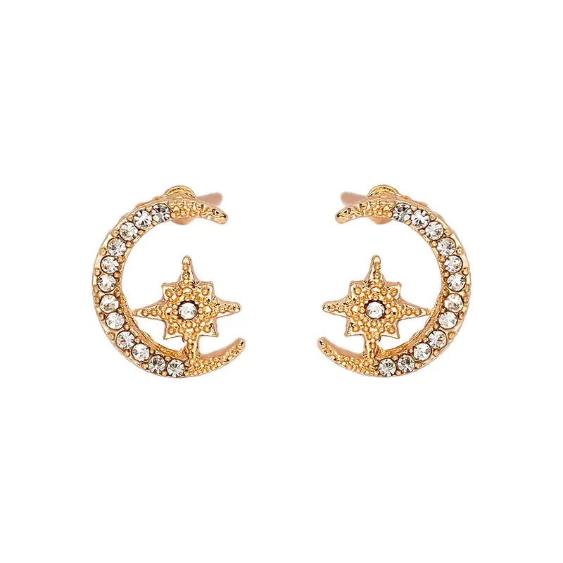 

Korea Exquisite Cute Jewelry Gift Small Geometric Rhinestone Earrings Star Moon Crystal Stud Earrings, Gold,silver color