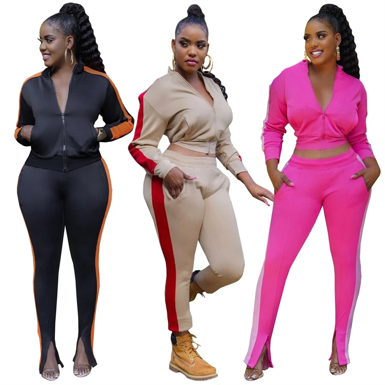

D12289 Solid color stand collar zipper long sleeve women tracksuits 2021 fall 2 piece sets ladies pant suits