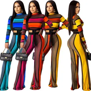 Full Sleeve Printed Striped Two PIece trousers Set Women's Casual Autumn Winter 2Piece Set Clothes drop Order 2