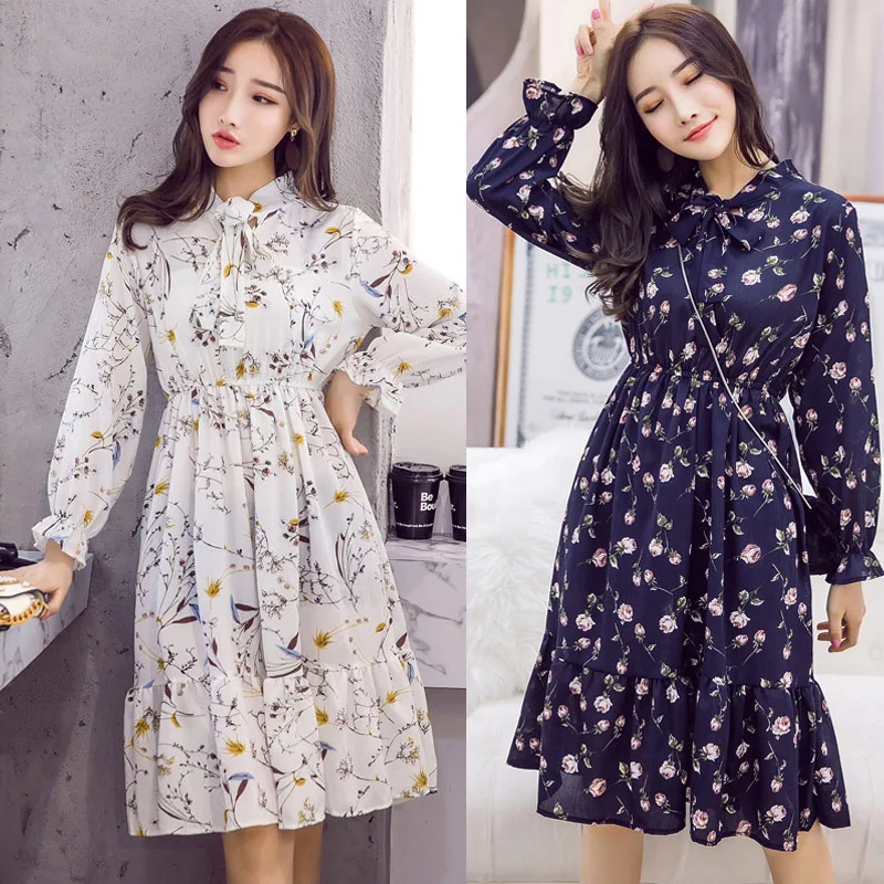 

2021 Women Autumn Dresses Bohemian Long Sleeve Plus Size Chiffon Shirt Dress White Bow Floral Boho Club Party Dress Winter 3XL