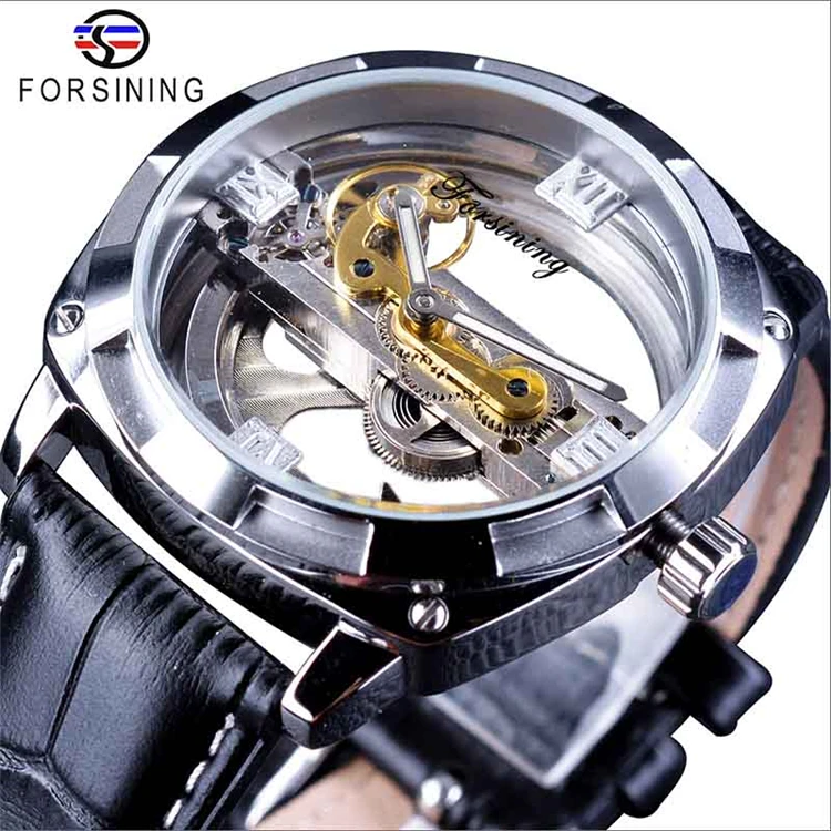 

FORSINING GMT1068 Official Exclusive Double Side Transparent Military Mens Steampunk Leather Brand Luxury Automatic Sport Clock