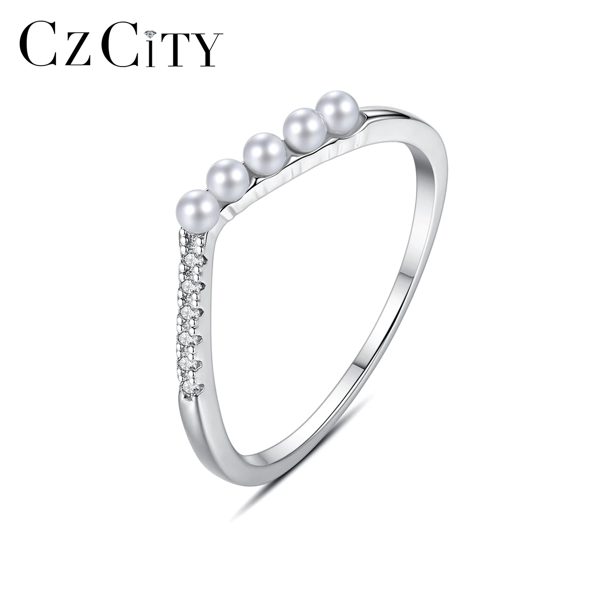 

CZCITY Minimalist Jewelry Micro Pearl 925 Sterling Star Zircon Hand Silver Design For Girl V Shape Ring