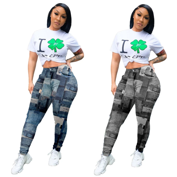 

D96159 woman clothes 2021 trending Hot selling fashion denim printed casual plus size pants & jeans