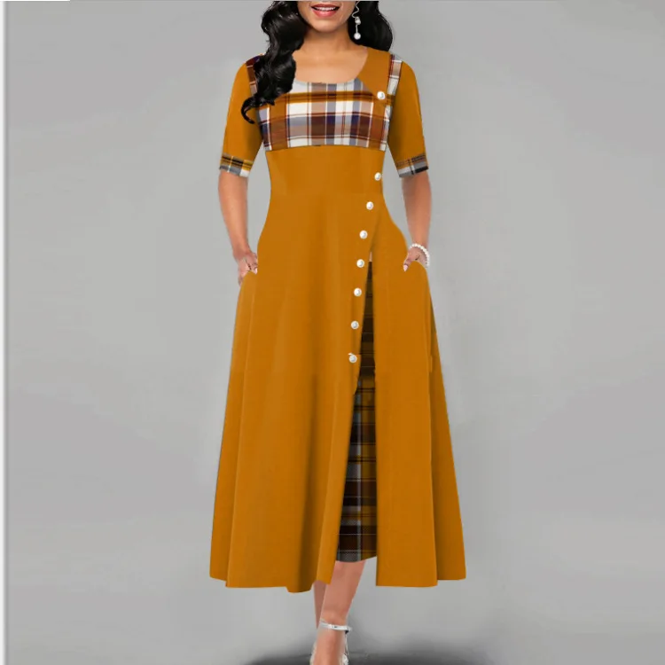 

Women's Long Dress Checked Panel Sleeve Irregular Long Skirt
