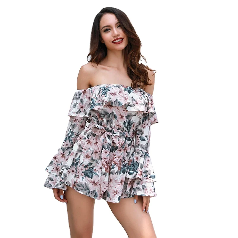 

Europe and America straight neck floral long sleeve jumpsuit women's jumpsuit Horn sleeve belt jumpsuit