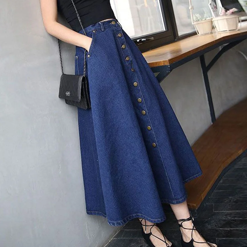 

Wholesale New Style Woman Casual Blue Loose Denim Jeans Long Skirts De Longitud Media Lady Jean Falda