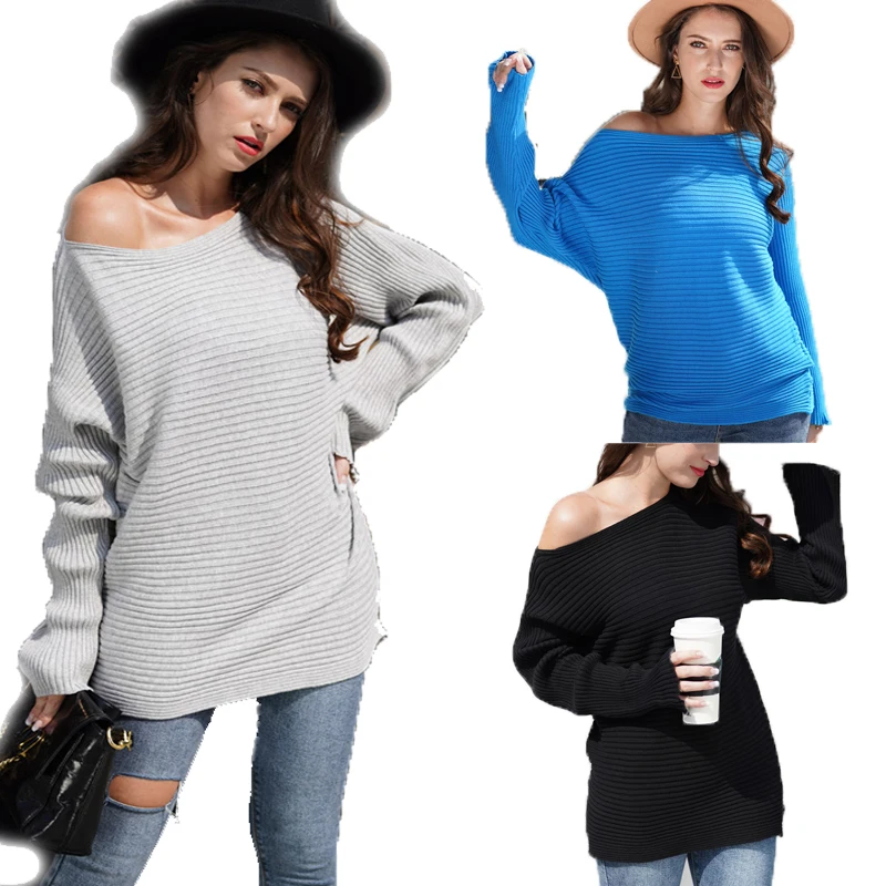 

wholesale drop shoulder lady sexy Sweater new Amazon fashion loose large size solid color texture sweater women