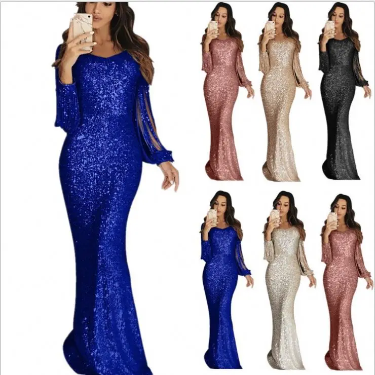 

2022 Ladies Apricot Fringe Long Sleeve Party Evening Dress Clothing