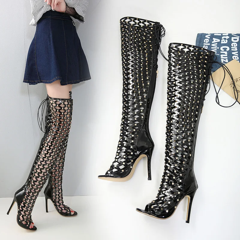 

Mysterious and charming studded hollowed-out stiletto high-heeled thigh boots zipper lace-up holiday party nightclub size 35-41