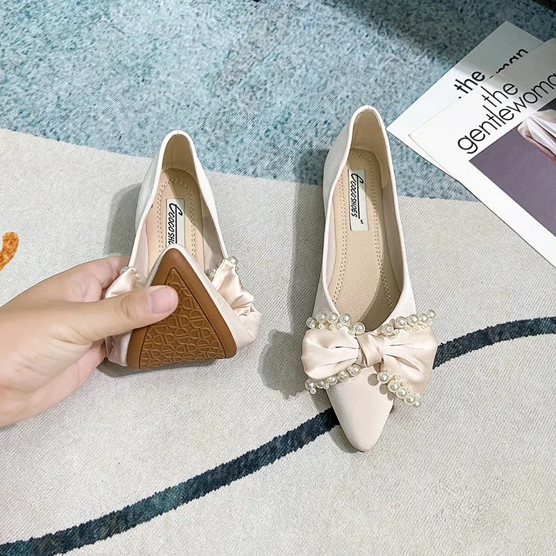 

Wholesale pearls bow pointy toe fashionable ladies shoes pumps shoes flats luxury shoes women