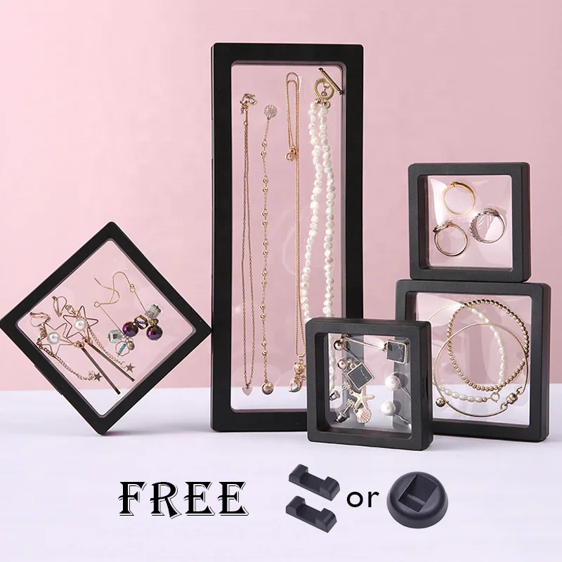 

Custom Logo 3D Floating Frame Plastic Packaging Box Clear PE Film Acrylic Pearl Necklace Bracelet Video Jewelry Display Boxes, Black/white/pink/green/grey/blue/orange/red etc