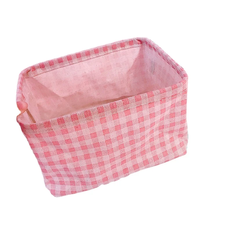 

W&G Korean Girl's Heart Lovely Pink Lattice Storage Basket Cosmetic Storage Basket Desktop Folding Sundries Sorting Storage Box