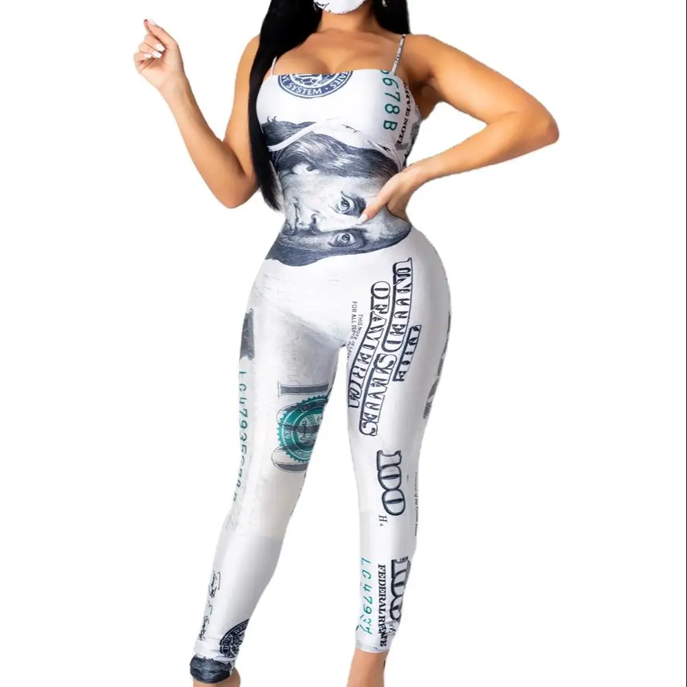 

RsCY1246 sexy bodycon jumpsuits women sleeveless money dollar printed party nightclub wear, Colorful
