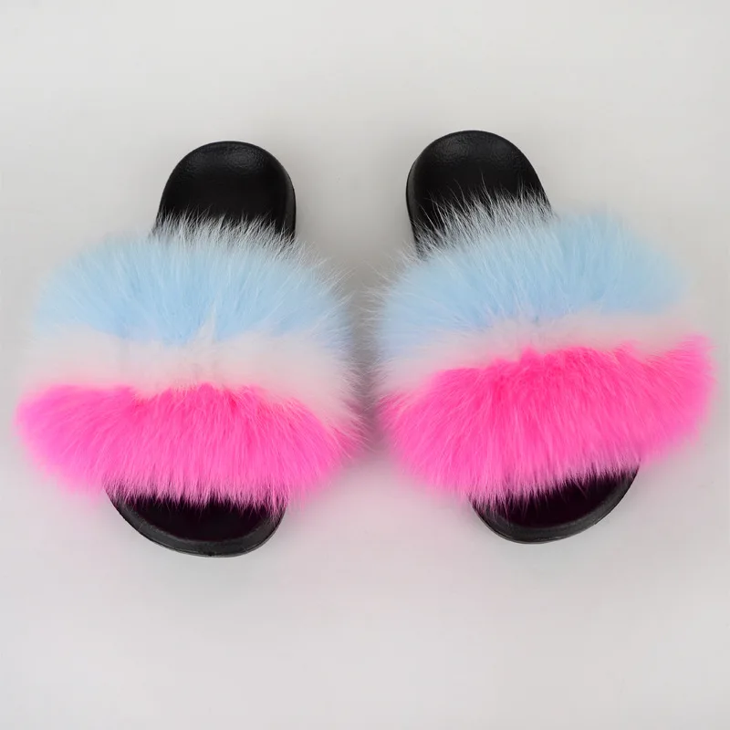 

Hot Sale Pink Color Outdoor Real Soft Fluffy Fox Fur Sandals for Women, 70 colors