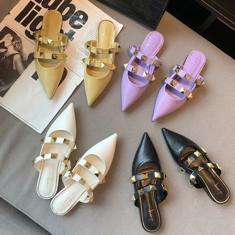 

Women Summer Rockstud Caged Slides Slipper Ladies Casual Pointed Toe Roman Stud Flat Mule Shoes For Daily Shopping