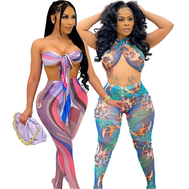 

MOEN Fashion 2021 Sexy Printing Wrap Top Halter Casual Wear Summer 2 Piece Set Women Leggings Two Piece Set Clothing